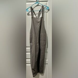 Miou Muse Boxy Button Strap Nubby Weave Linen Blend Cropped Overalls in Cement